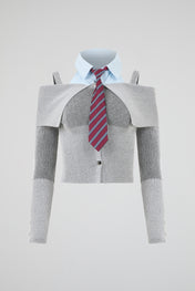Off-Shoulder Knit Shirt-Tie Cardigan