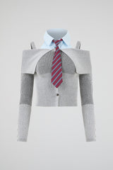 Off-Shoulder Knit Shirt-Tie Cardigan