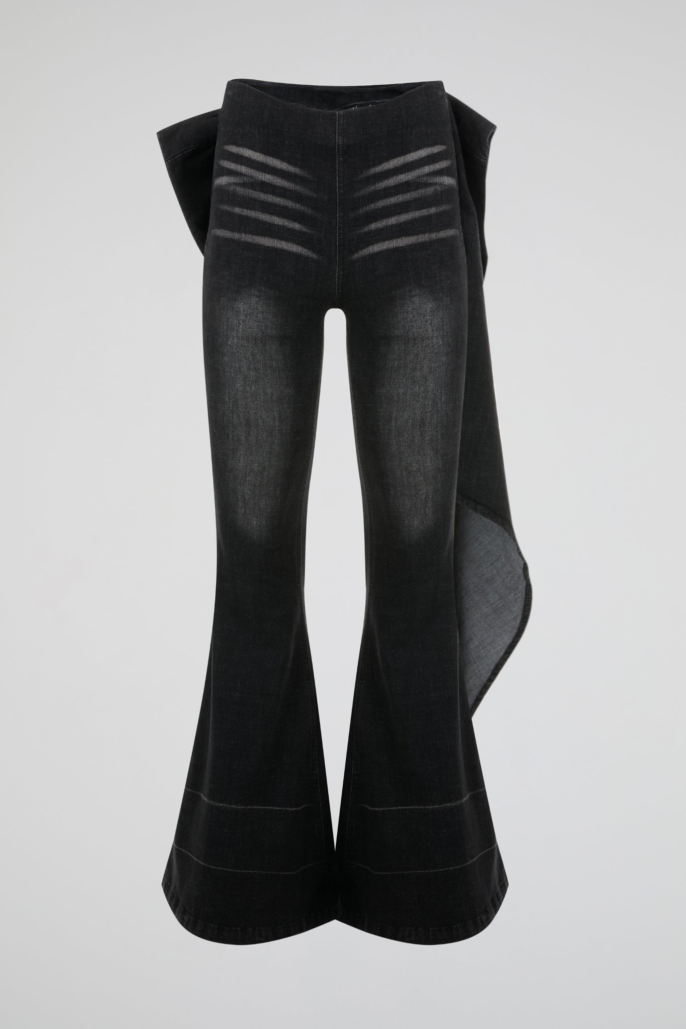 Black Draped Flare Denim Trousers