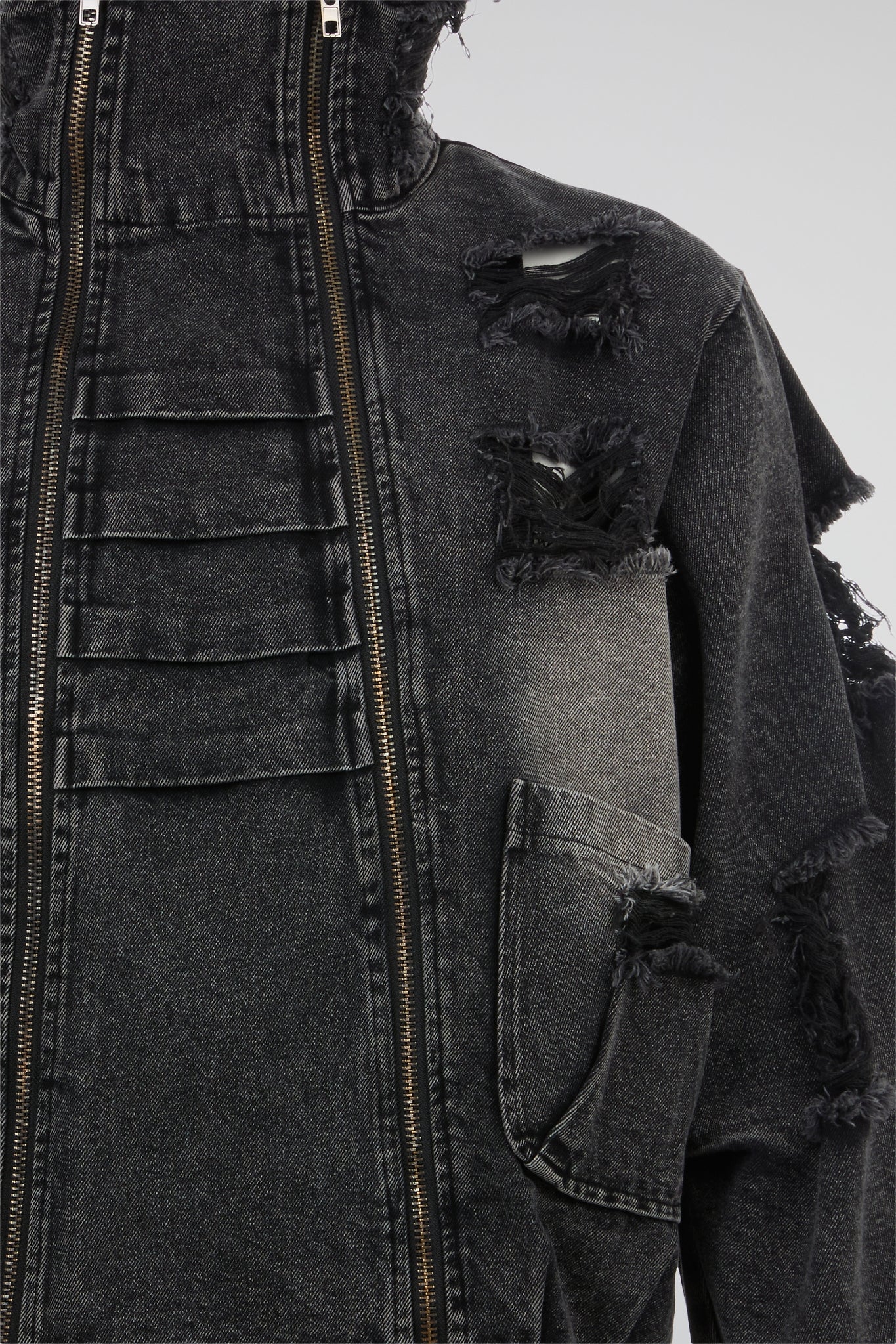Distressed Black Double-Zip Denim Jacket