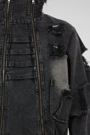 Distressed Black Double-Zip Denim Jacket