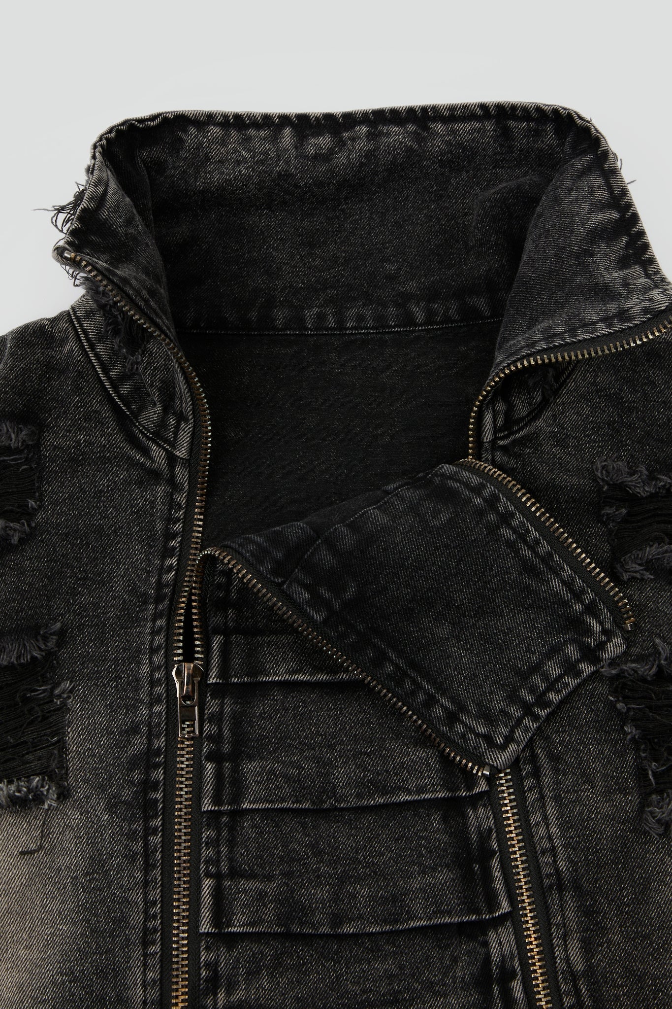 Distressed Black Double-Zip Denim Jacket