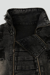 Distressed Black Double-Zip Denim Jacket