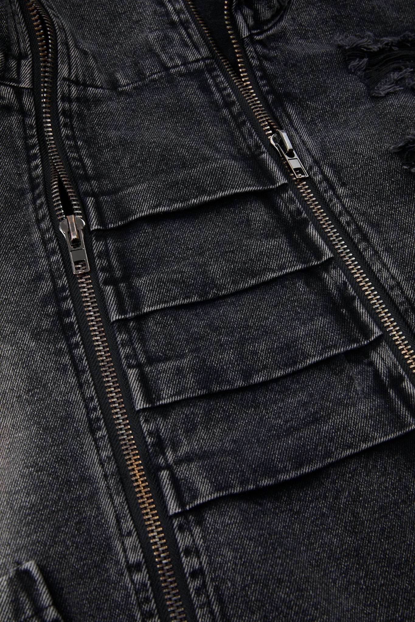 Distressed Black Double-Zip Denim Jacket