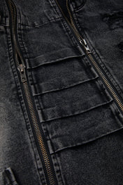Distressed Black Double-Zip Denim Jacket