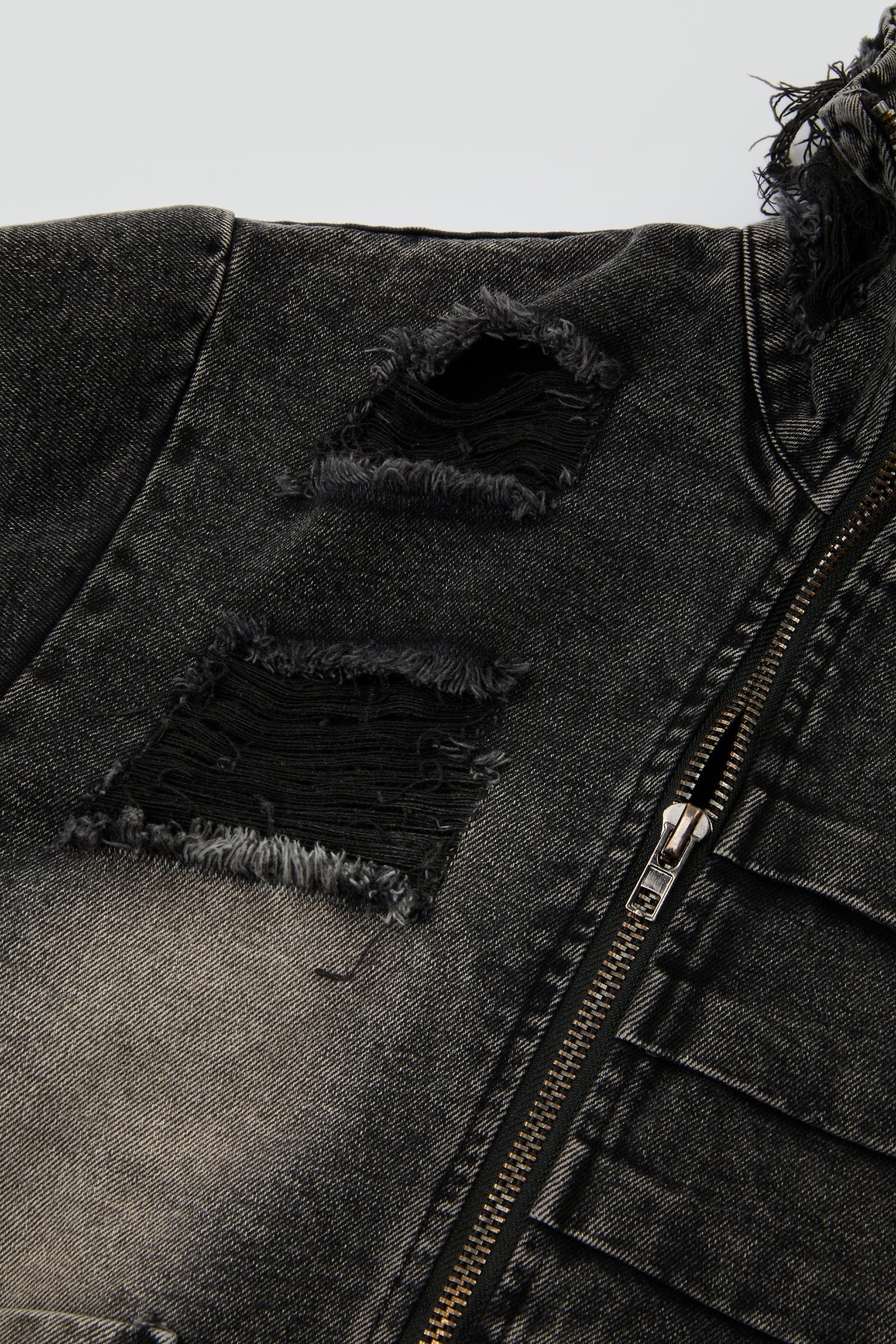 Distressed Black Double-Zip Denim Jacket