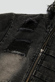 Distressed Black Double-Zip Denim Jacket
