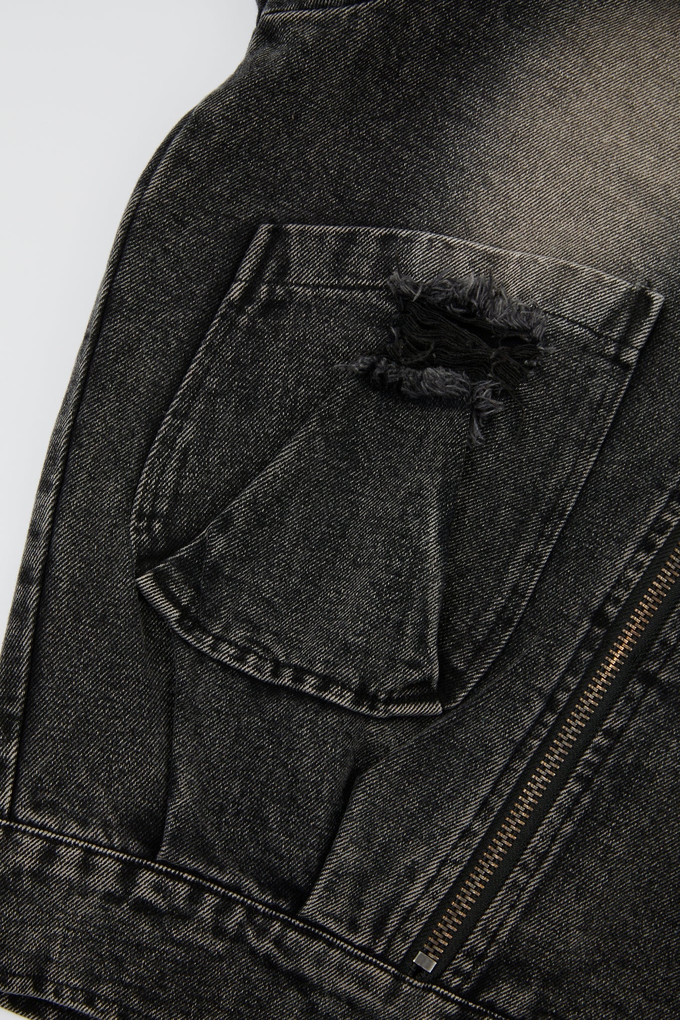 Distressed Black Double-Zip Denim Jacket