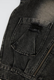 Distressed Black Double-Zip Denim Jacket