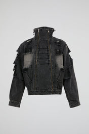 Distressed Black Double-Zip Denim Jacket