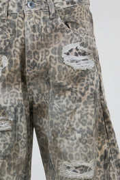 Leopard Distressed Wide-Leg Denim Trousers