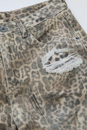 Leopard Distressed Wide-Leg Denim Trousers