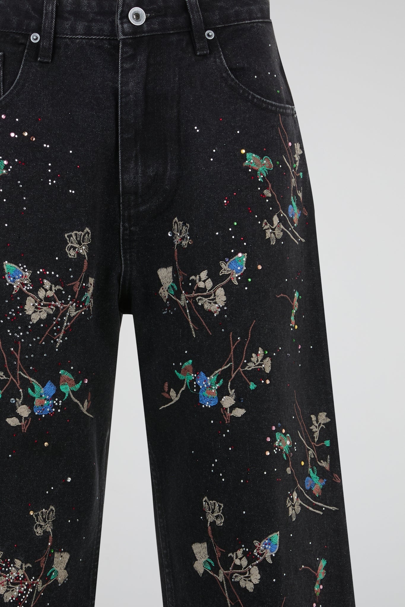 Black Botanical Embroidered Denim Trousers
