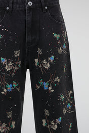 Black Botanical Embroidered Denim Trousers