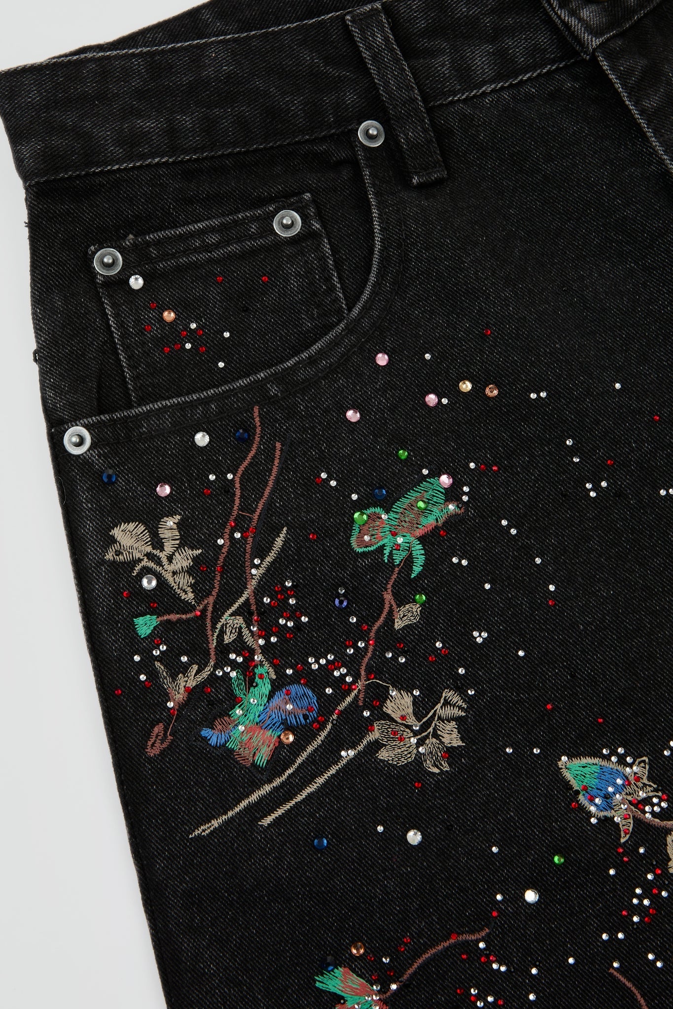 Black Botanical Embroidered Denim Trousers