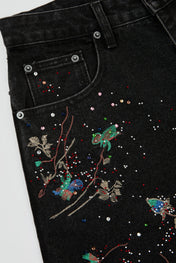 Black Botanical Embroidered Denim Trousers