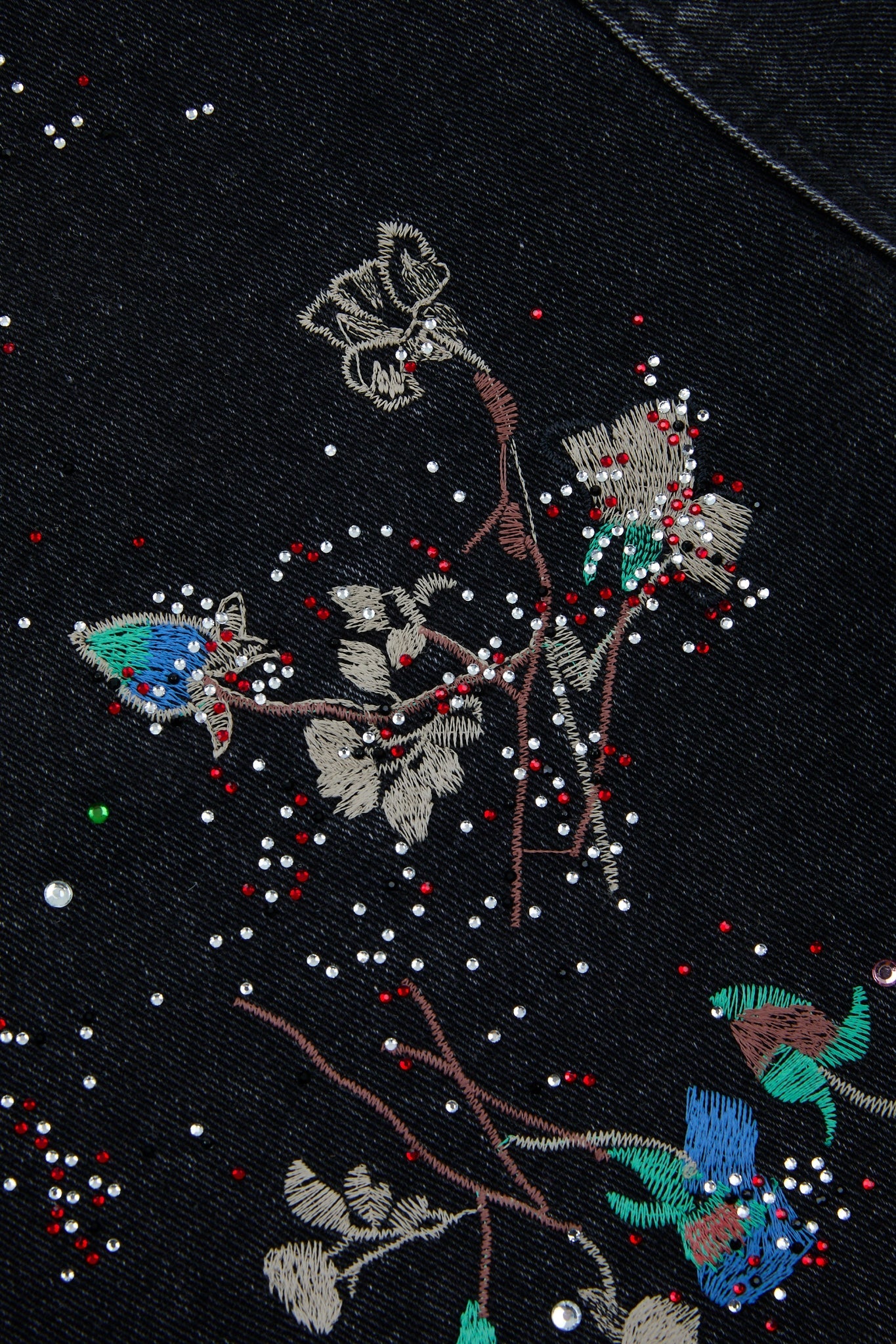 Black Botanical Embroidered Denim Trousers