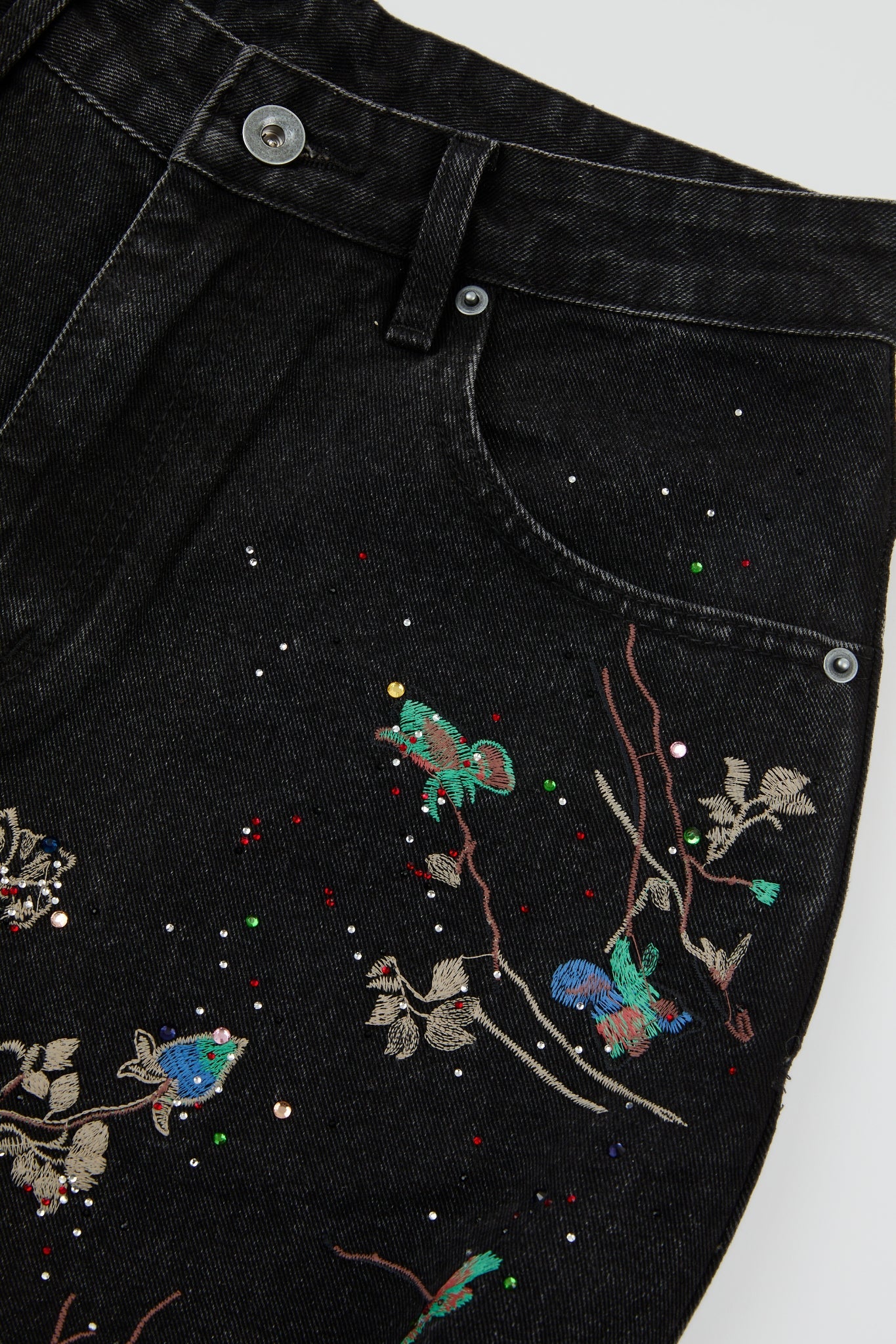 Black Botanical Embroidered Denim Trousers