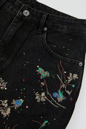 Black Botanical Embroidered Denim Trousers