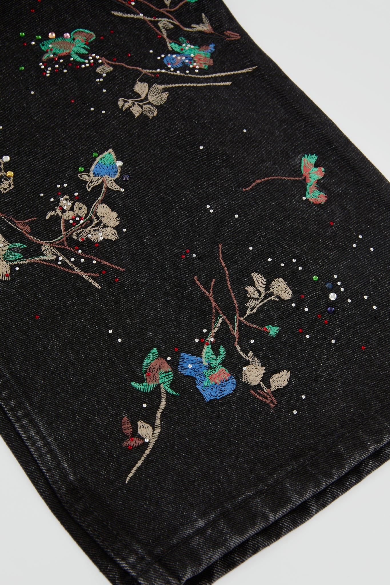 Black Botanical Embroidered Denim Trousers