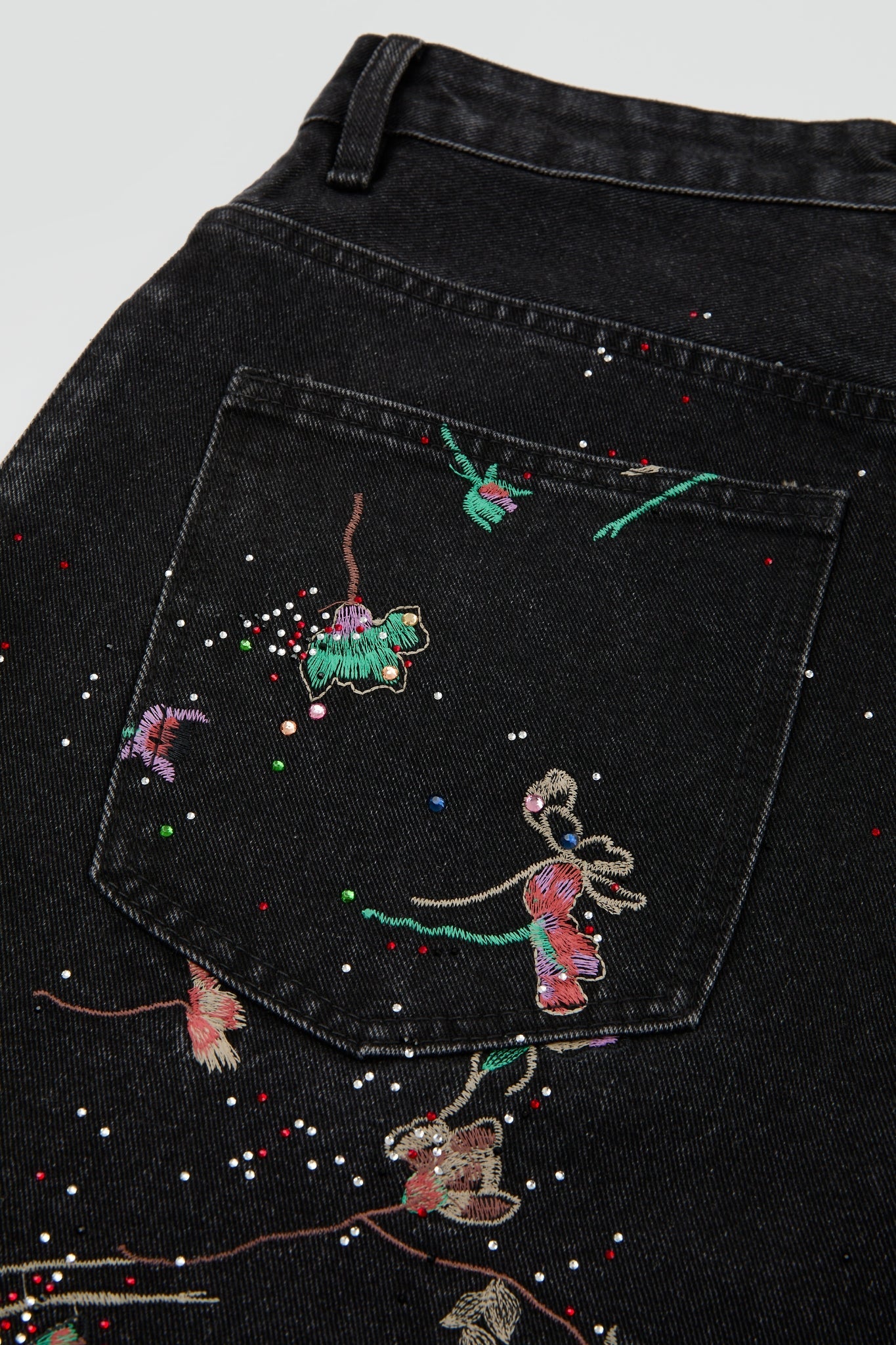 Black Botanical Embroidered Denim Trousers