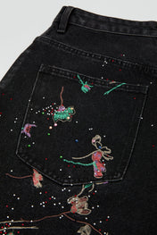 Black Botanical Embroidered Denim Trousers