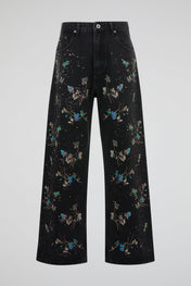 Black Botanical Embroidered Denim Trousers