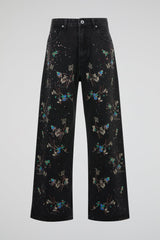 Black Botanical Embroidered Denim Trousers