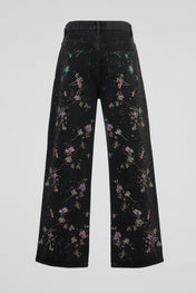 Black Botanical Embroidered Denim Trousers