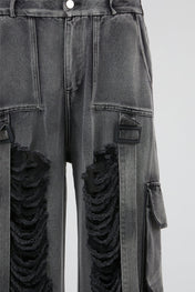 Charcoal Distressed Strap Denim Trousers