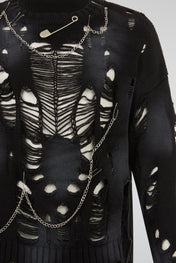 Black Distressed Chain Knit Sweater
