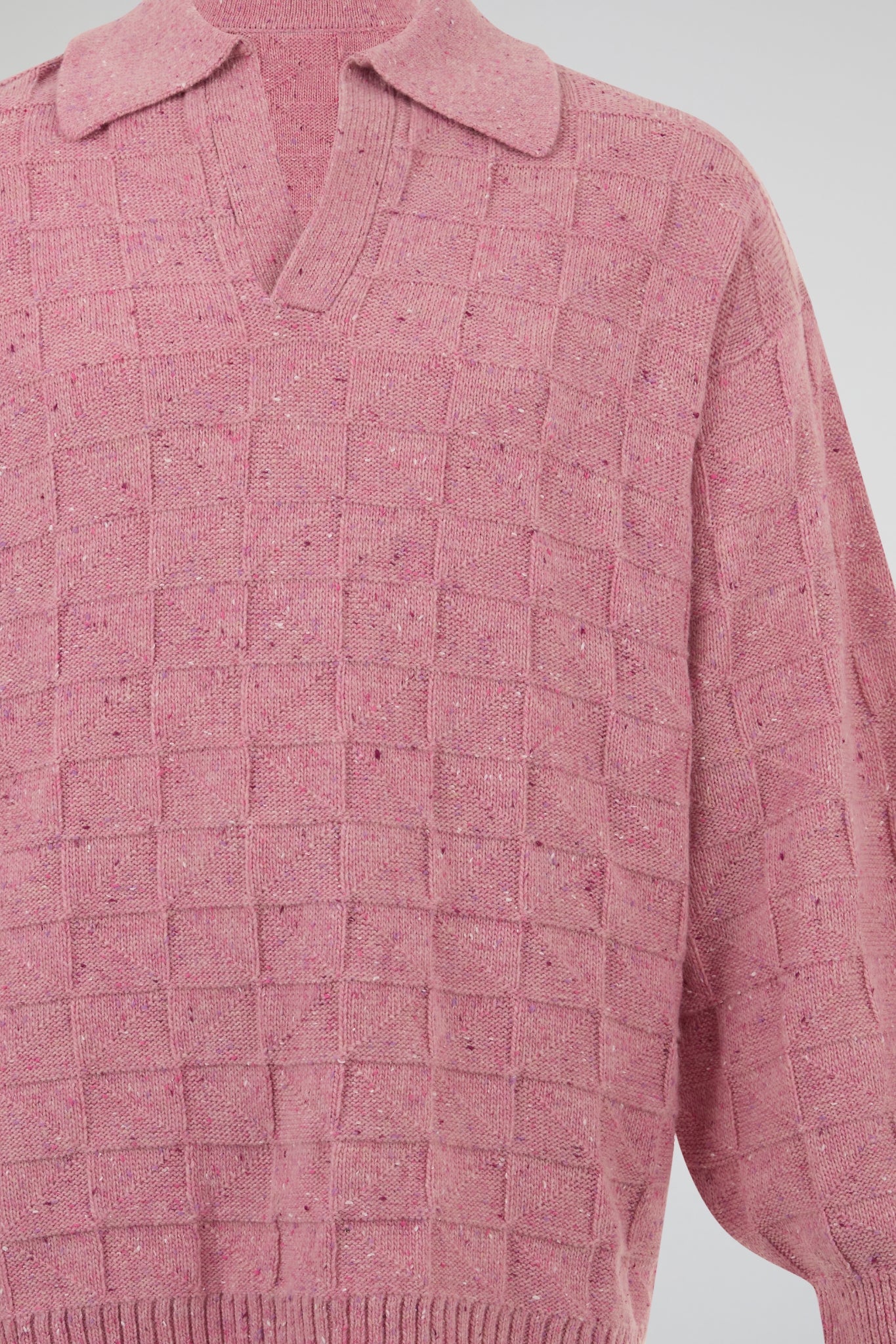 Pink Textured Knit Polo Sweater