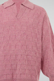 Pink Textured Knit Polo Sweater