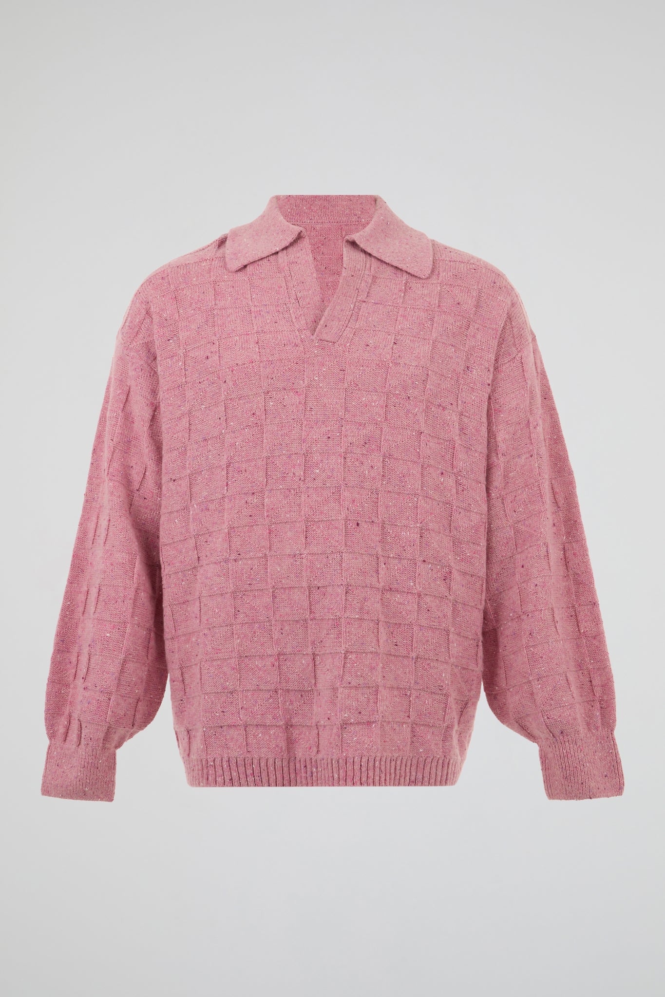 Pink Textured Knit Polo Sweater