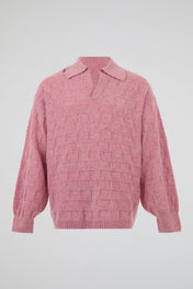 Pink Textured Knit Polo Sweater