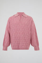 Pink Textured Knit Polo Sweater