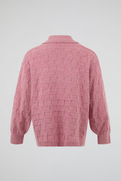 Pink Textured Knit Polo Sweater