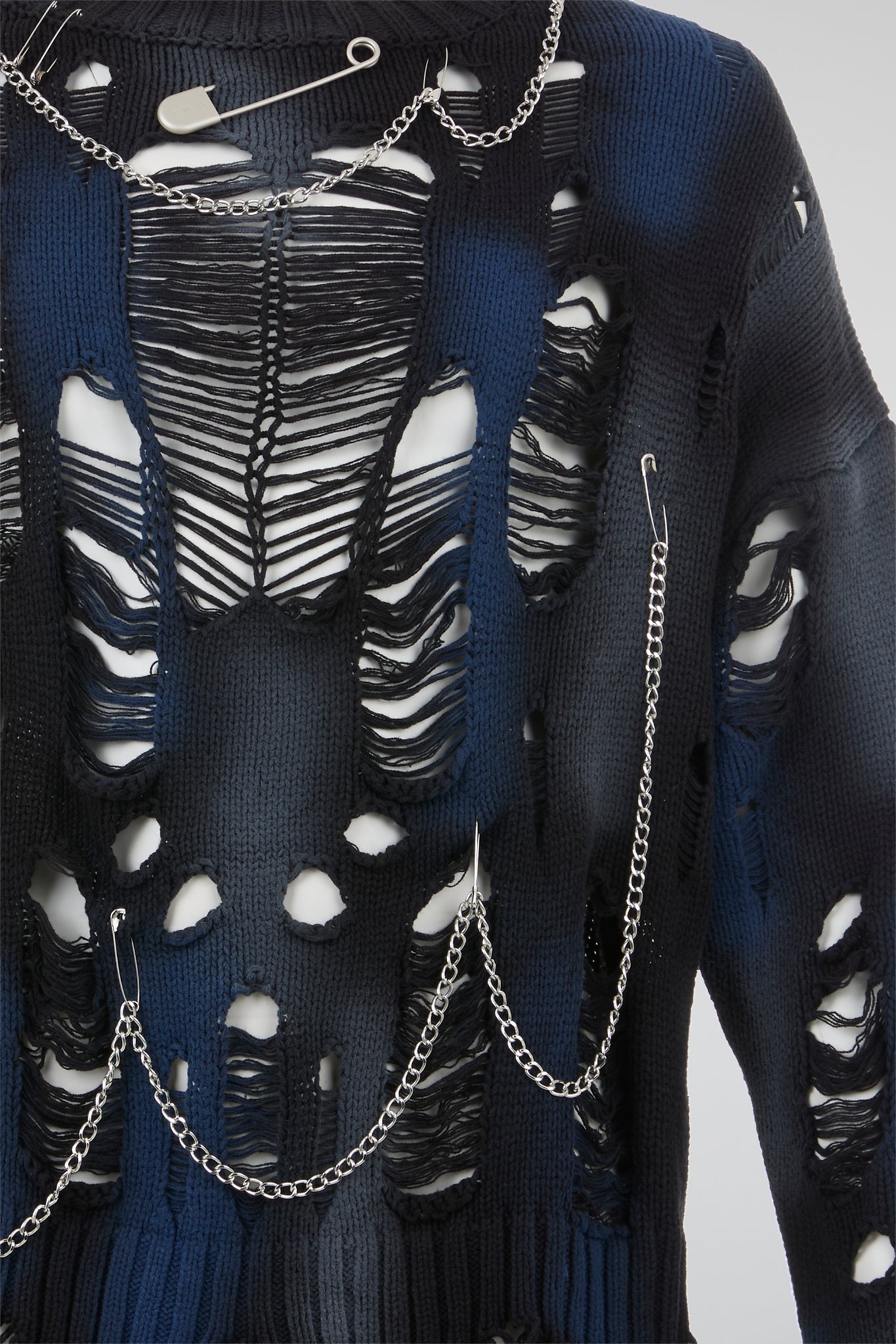 Blue & Grey Distressed Chain Knit Sweater
