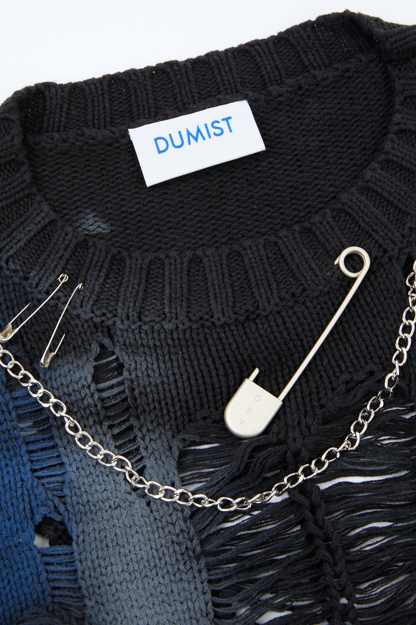 Blue & Grey Distressed Chain Knit Sweater