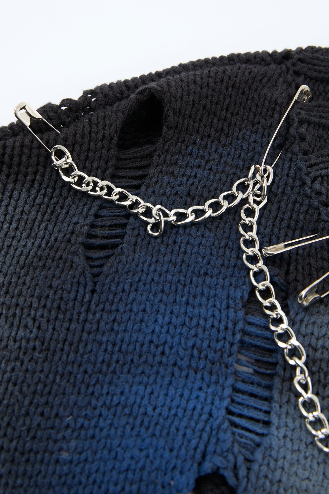 Blue & Grey Distressed Chain Knit Sweater