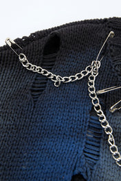 Blue & Grey Distressed Chain Knit Sweater