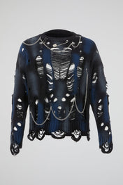 Blue & Grey Distressed Chain Knit Sweater