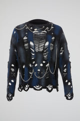 Blue & Grey Distressed Chain Knit Sweater