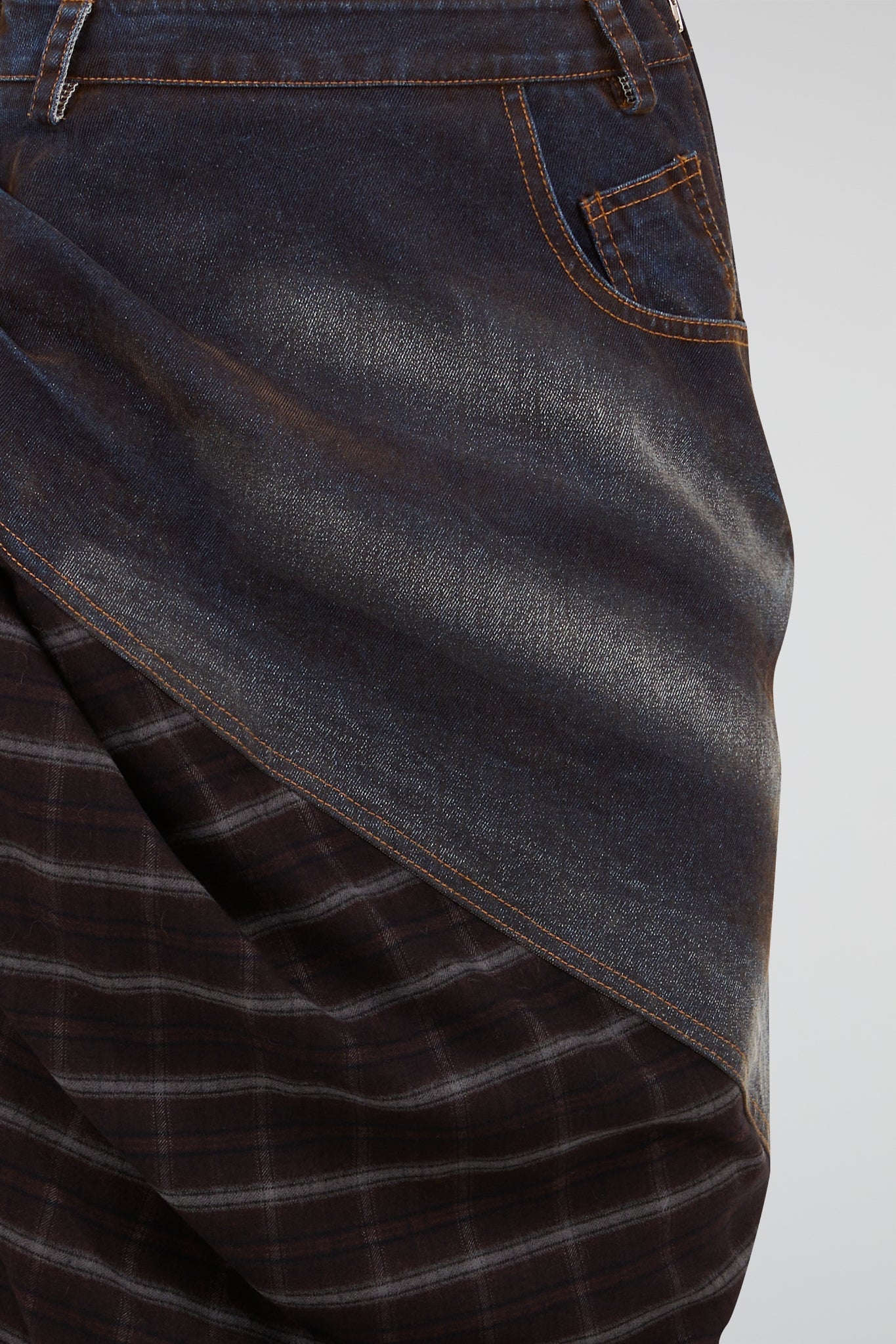 Deconstructed Denim and Plaid Skirt
