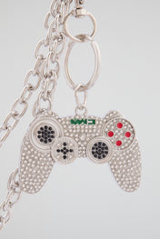 Chrome Silver Crystal-Encrusted Game Controller Wallet Chain