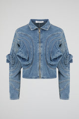 Sculpted Swirl Panel Cropped Denim Jacket