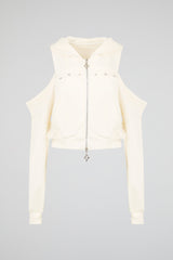 Star Stud Cold Shoulder Cropped Zip Hoodie